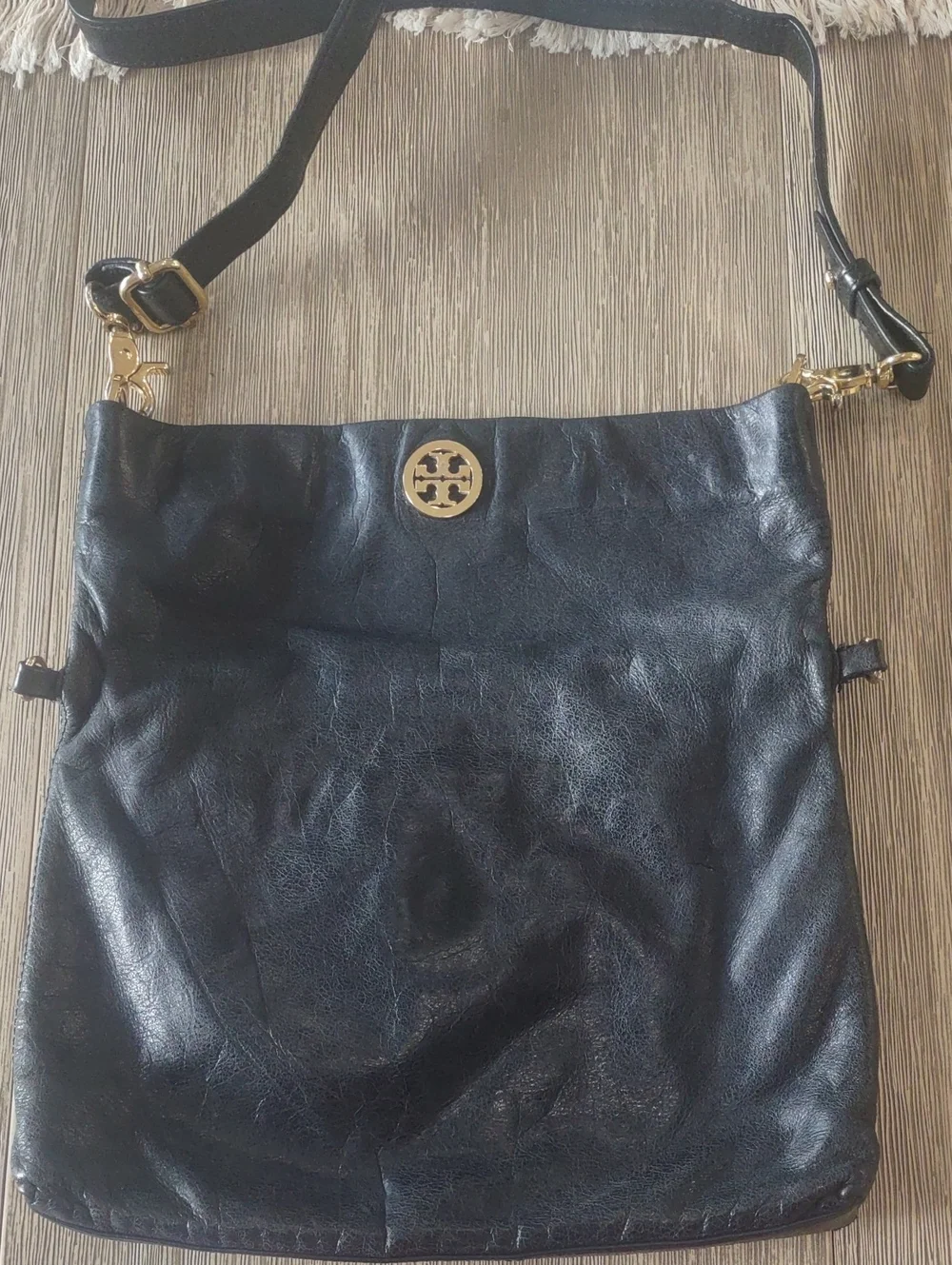 Tory Burch Black Leather Fold-Over/Convertible Crossbody with Gold Tone Logo